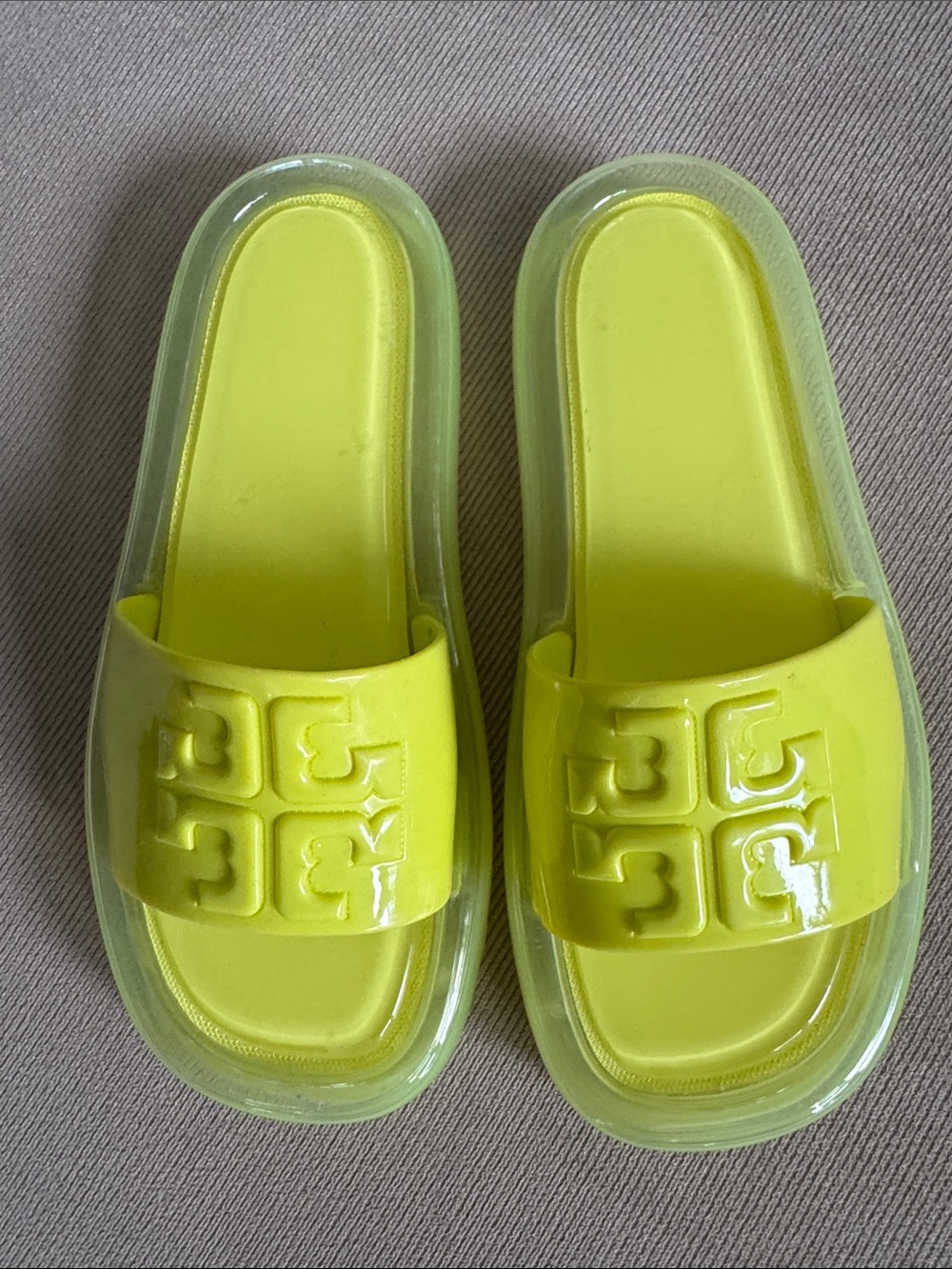 Tory Burch Lime Yellow Logo Jelly Slide Sandals